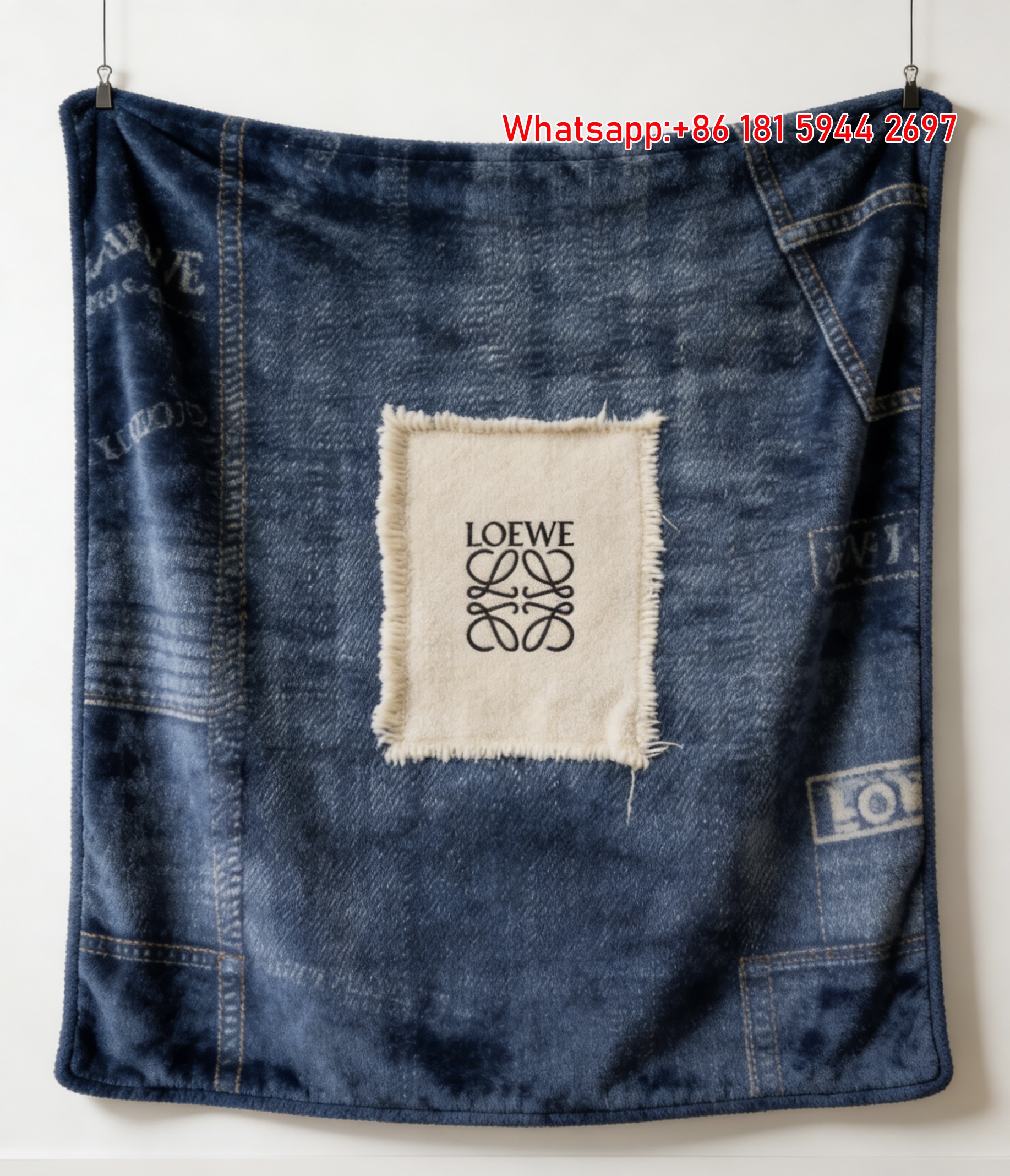 LOEWE Denim Anagram Label Print Flannel Fleece Throw Blanket L356